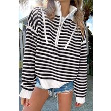 Black Stripe Zip up Collar Drop Shoulder Sweater