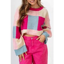Rose Red Color Block Drop Shoulder Crewneck Loose Fit Sweater