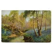 Postcard UK unknown location painting forest stream bluebells posted 1940