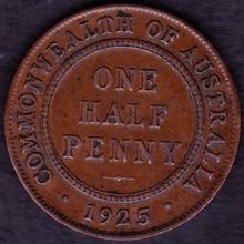 1925 Australia 1 Half Penny Coin