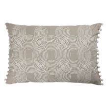 16" X 24" Beige and Ivory Floral Cotton Zippered Pillow With Embroidery, Pom ...