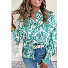 Green Paisley Print Smocked Cuff Buttoned Loose Shirt