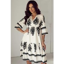 Beige Western Geometric Print 3/4 Sleeve Loose Midi Dress