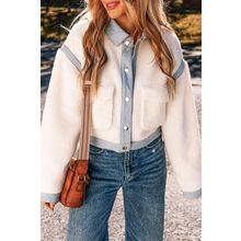 White Contrast Trim Buttoned Sherpa Jacket