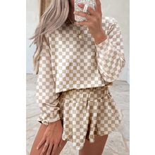 Khaki Checkered Long Sleeve Crop Top High Waist Skort 2pcs Set