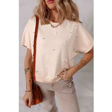 Oatmeal Pearl Bow Embellished Dolman Short Sleeve Sweater
