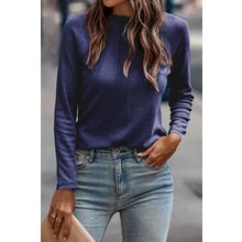 Navy Blue Solid Color Seam Detail Raglan Long Sleeve Top