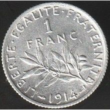 1914 France 1 Franc Silver Coin