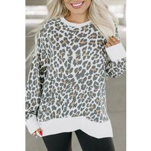 White Printed Solid Trim Leopard Print Top