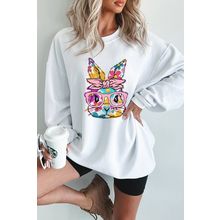 White Floral Rabbit with Glasses Graphic Corded Easter Sweatshirt