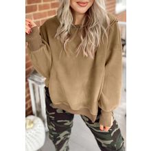 Dark Khaki Fuzzy Sherpa Splicing Pullover Sweatshirt with Side Slit