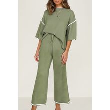 Guacamole Green Contrast Trim Half Sleeve Top Drawstring Pants Loose 2pcs Sweate