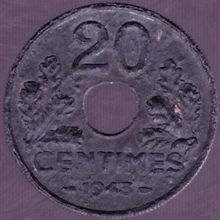 1943 France 20 Centimes Coin