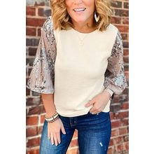 White Sequined Bell Sleeve Round Neck Blouse
