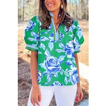Bright Green Rose Floral Print Puff Short Sleeve Summer Blouse