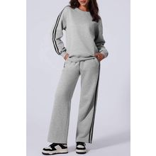 Light Grey Solid Color Side Striped Sweatshirt Active Set