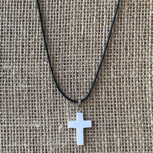 Mother of Pearl Carved Cross Pendant Necklace Vintage MOP Religious Jewelry 20"