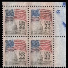2114 Solvent Smear ERROR PL# Block of Four 22¢ Flag & Capital - Stuart Katz