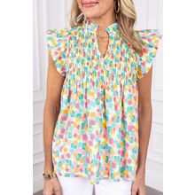 Green Shirred Yoke Ruffled Abstract Printed Blouse