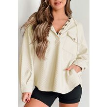 Apricot Textured Buttoned Neckline Side Pockets Hoodie