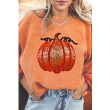 Orange Sequined Pumpkin Ribbed Round Neck Halloween Sweatshirt