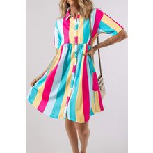 Rose Stripe Colorblock Short Sleeve Mini Shirt Dress