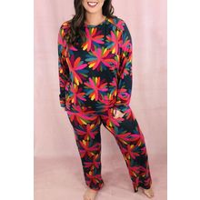 Black Plus Size Printed Long Sleeve and Pants Lounge Set