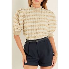 Beige Textured Mock Neck Short Sleeve Blouse