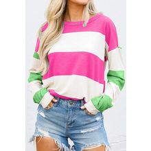 Rose Red Colorblock Striped Drop Shoulder Long Sleeve Top