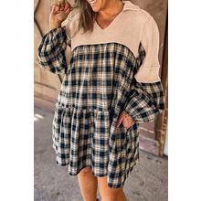 Black Plaid Waffle Knit Patchwork Collared V Neck Plus Size Mini Dress