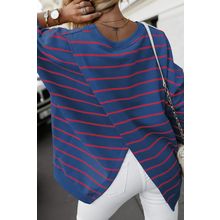 Blue Stripe Stylish Overlap Detail Drop Shoulder Pullover Sweatshirt