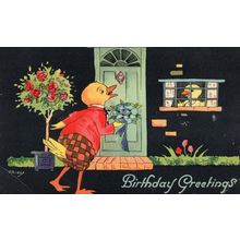 Ducks Birds On A Date Courting Antique WW2 Birthday Greetings Postcard