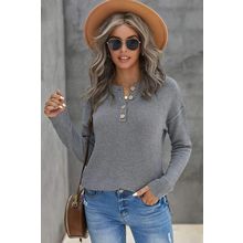 Gray Henley Pullover Drop Shoulder Sweater with Slits