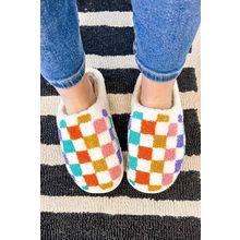 White Vibrant Checkered Plush Thermal Slippers