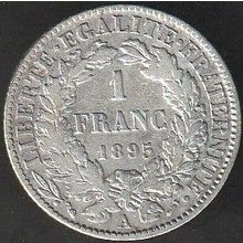 1895 A France 1 Franc Silver Coin