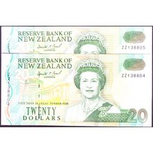 1992 - 1994 New Zealand Banknote 20 Dollars x 2 Brash Typ II Blue ZZ replacement