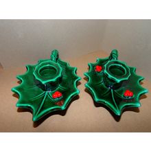 Vintage Lefton Holly Berry Taper Candle Holder Pair