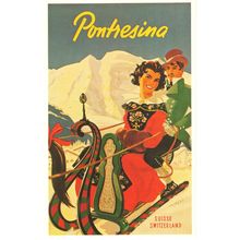 Pontresina 1951 Plakat Snow Transport Sleigh Switzerland Poster Postcard