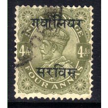 India Gwalior 1927 - 35 KGV 4 Anna Green Ovpt used SG O67 ( K751 )
