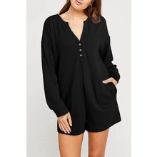 Black Brushed Ribbed Button Split V Neck Long Sleeve Romper