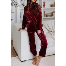 Fiery Red Solid Velvet Two Piece Lounge Set