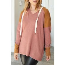 Brown Waffle Knit Patchwork Drawstring V Neck Hoodie