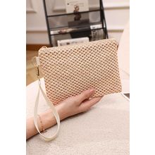 Beige Woven Zipper Wrist Strap Square Handbag