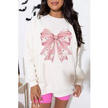 Beige Ghost Bowknot Graphic Crew Neck Drop Shoulder Sweatshirt