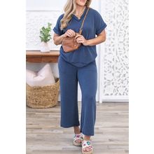 Sail Blue Ribbed V Neck Tee and Pants Plus Size Set