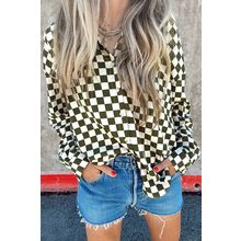 Green Checkerboard Printed Drop Shoulder Loose Casual Shirt
