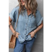 Dusk Blue Folded Short Sleeve Patched Pocket Denim Shirt