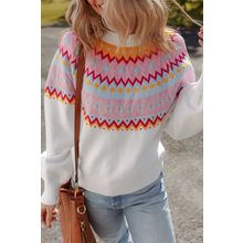 White Ethnic Geometric Colorblock Print Drop Shoulder Sweater