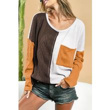 Brown Color Block Patchwork Chest Pocket Long Sleeve Top