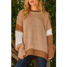 Light French Beige Color Block Contrast Stitch Oversized Sweater